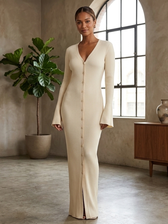 a new day Dresses & Skirts - a new day Cream Ribbed Button-Front V-Neck Maxi Dress